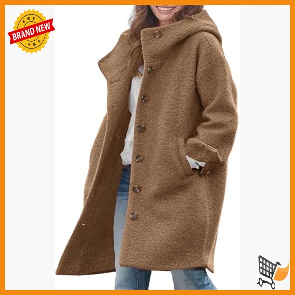 Winter Wool Blend Hooded Trench Coat, Loose Fit Pea Coat with Pockets